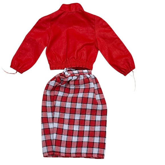 Vintage Barbie Doll Red Long Sleeve Top & Plaid Check Skirt Set - Picture 2 of 3